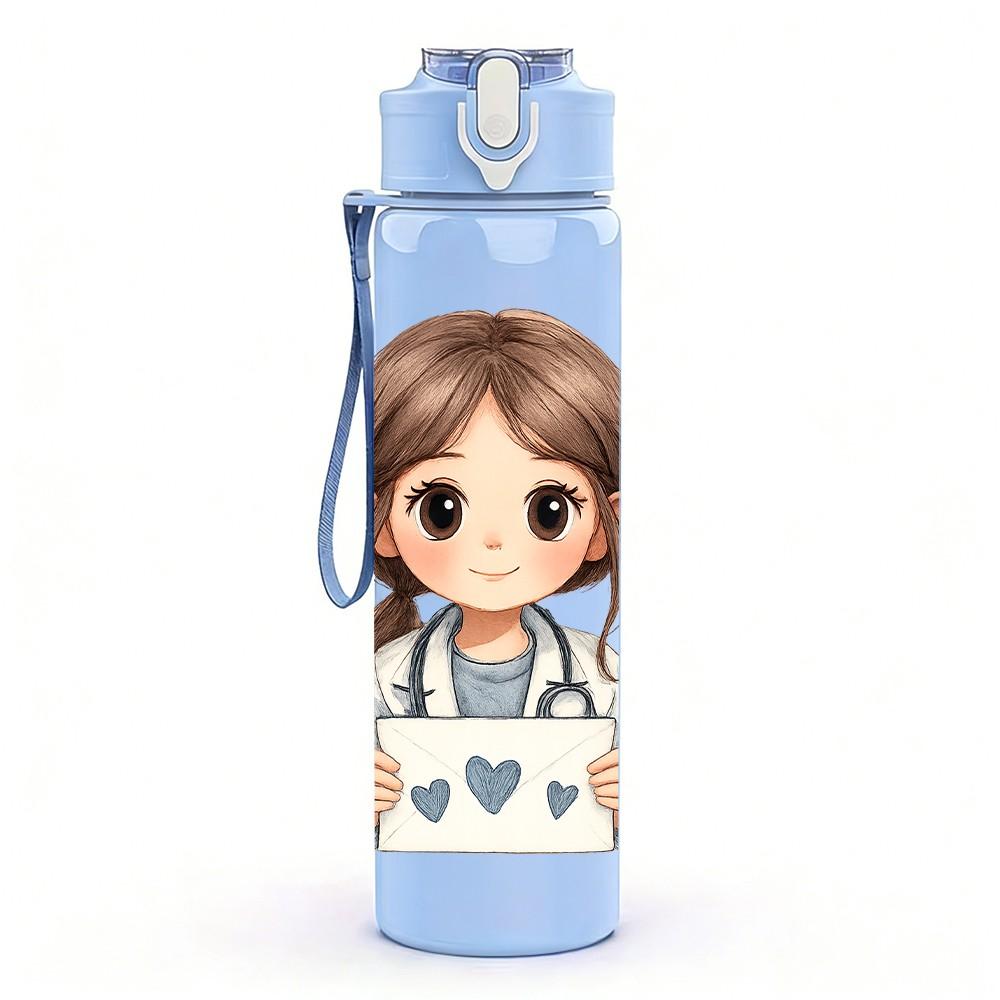 1PC Cute Girl With Heart Cartoon 750ml Color Plastic Sports Water Bottle Leakproof Flip Straw Lid Suitable for Sports Office Home Use