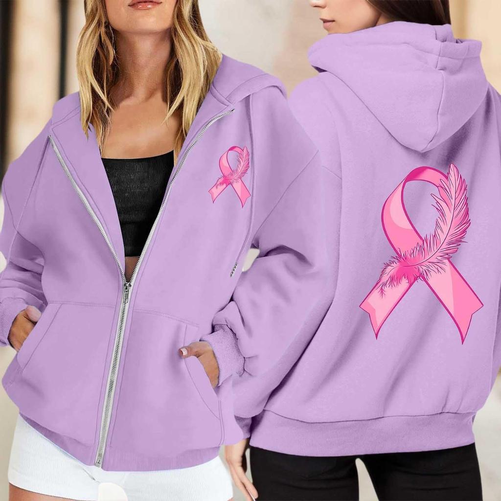 Women's Breast Sweatshirt Ribbon Breast Long Sleeve Hooded Pocket Casual Sweatshirt Jacket