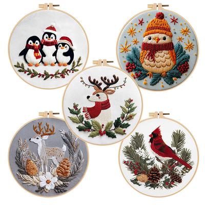 1 set Kit de Broderie de Noël, Kit de Matériel de Broderie d'Animaux de Noël Kit d'Artisanat DIY, Convient pour les Débutants Kit de Matériel en Tissu pour Broderie à la Main
