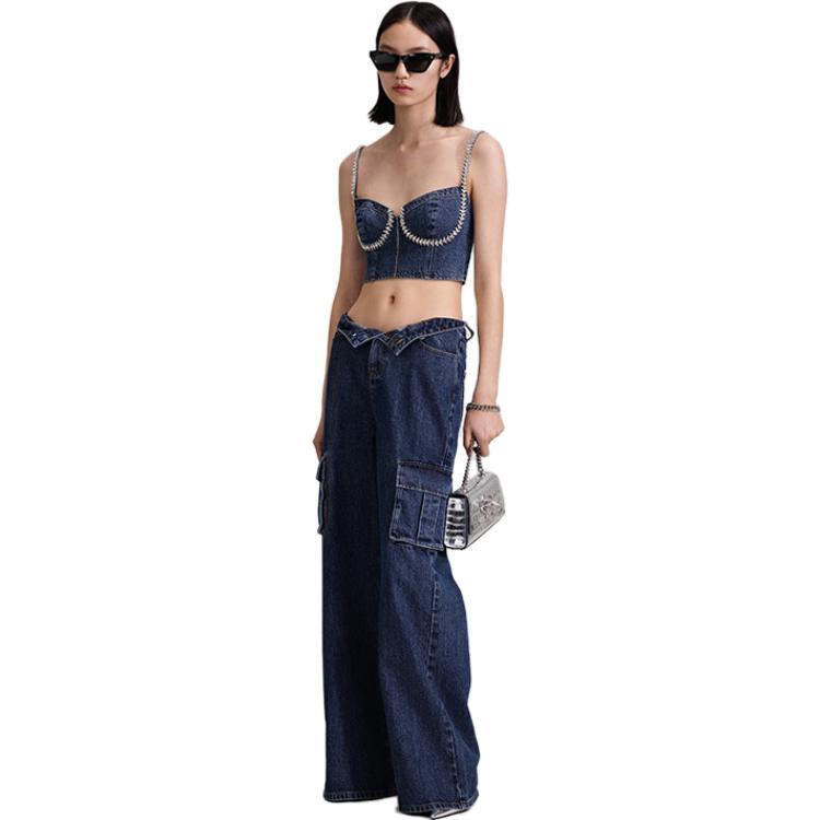 Self-Portrait Rhinestone Embellished Crop Top Sexy Sleeveless Camisole Women tops Denim-Blue SWF343B00700
