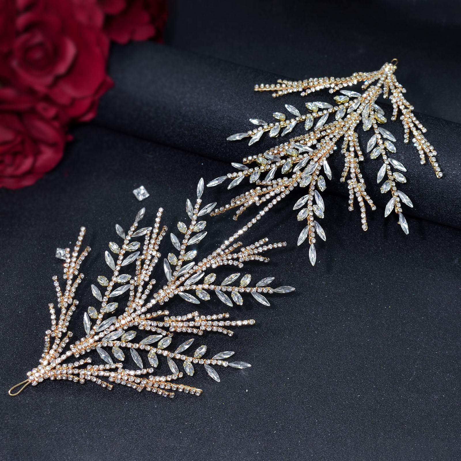 

Повязка на голову с листьями и ветвями из страз - Свадебный аксессуар для волос ручной работы (DZ058) золотой