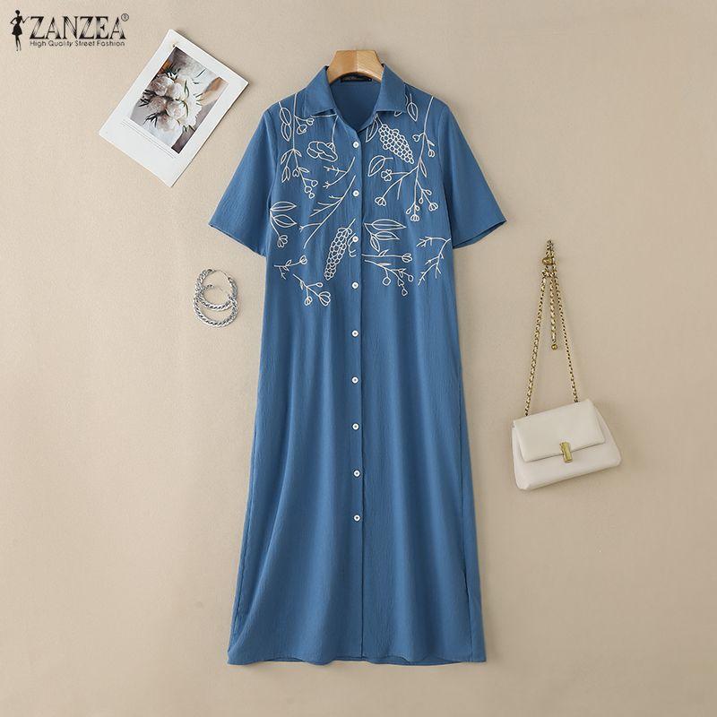 ZANZEA Women Casual Turn Down Collar Short Sleeve Print Shirt Dress
