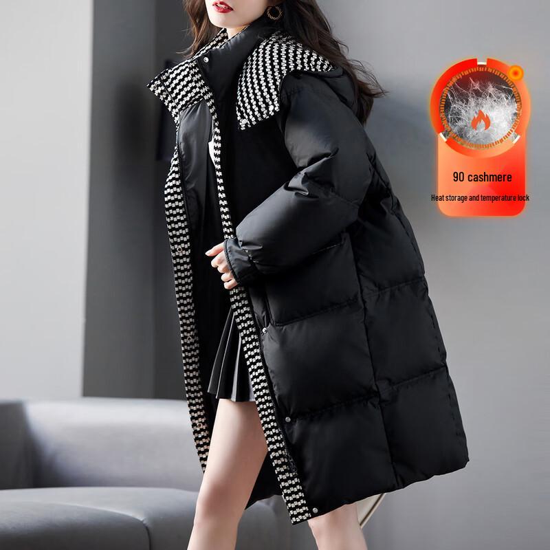 

De Mana Women s Houndstooth Paneled Mid-Long Down Jacket L