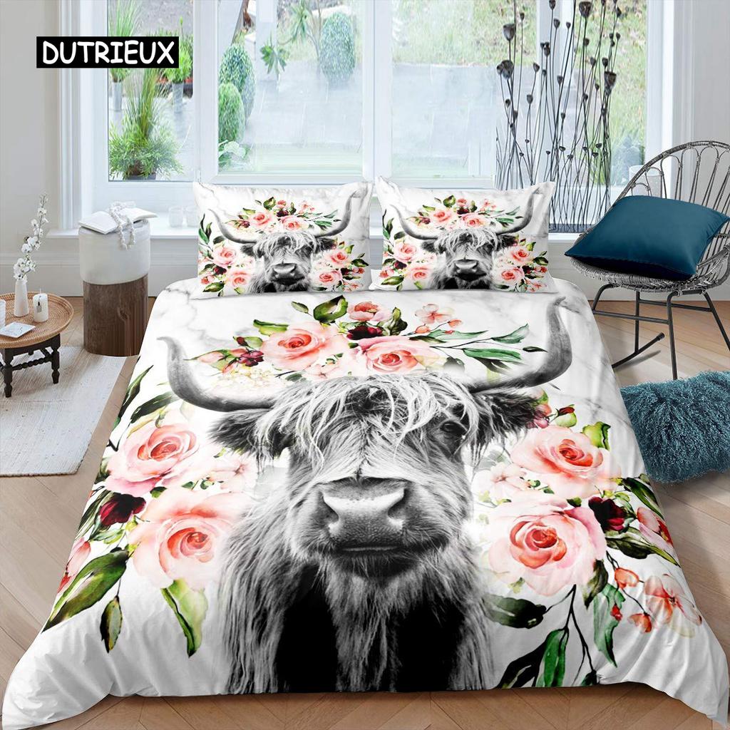 Highland Cow Duvet Cover King Sunflower Black Cattle Bedding Set Microfiber Farm Animal Cow Western Farmhouse Cattle Quilt Cover