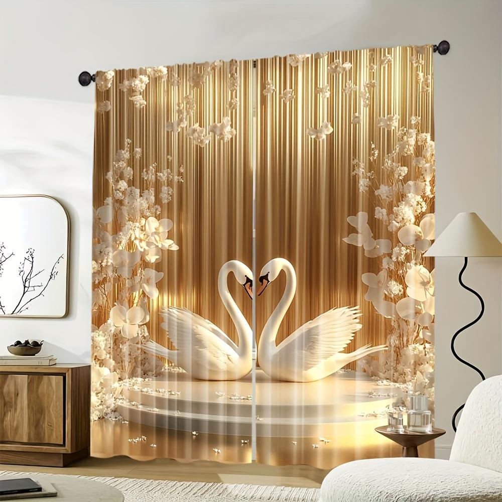 Set Of 2 Elegant Art Renaissance Style Gold Floral Swan Curtains Polyester Bedroom Living Room Decor Curtain Perfect For