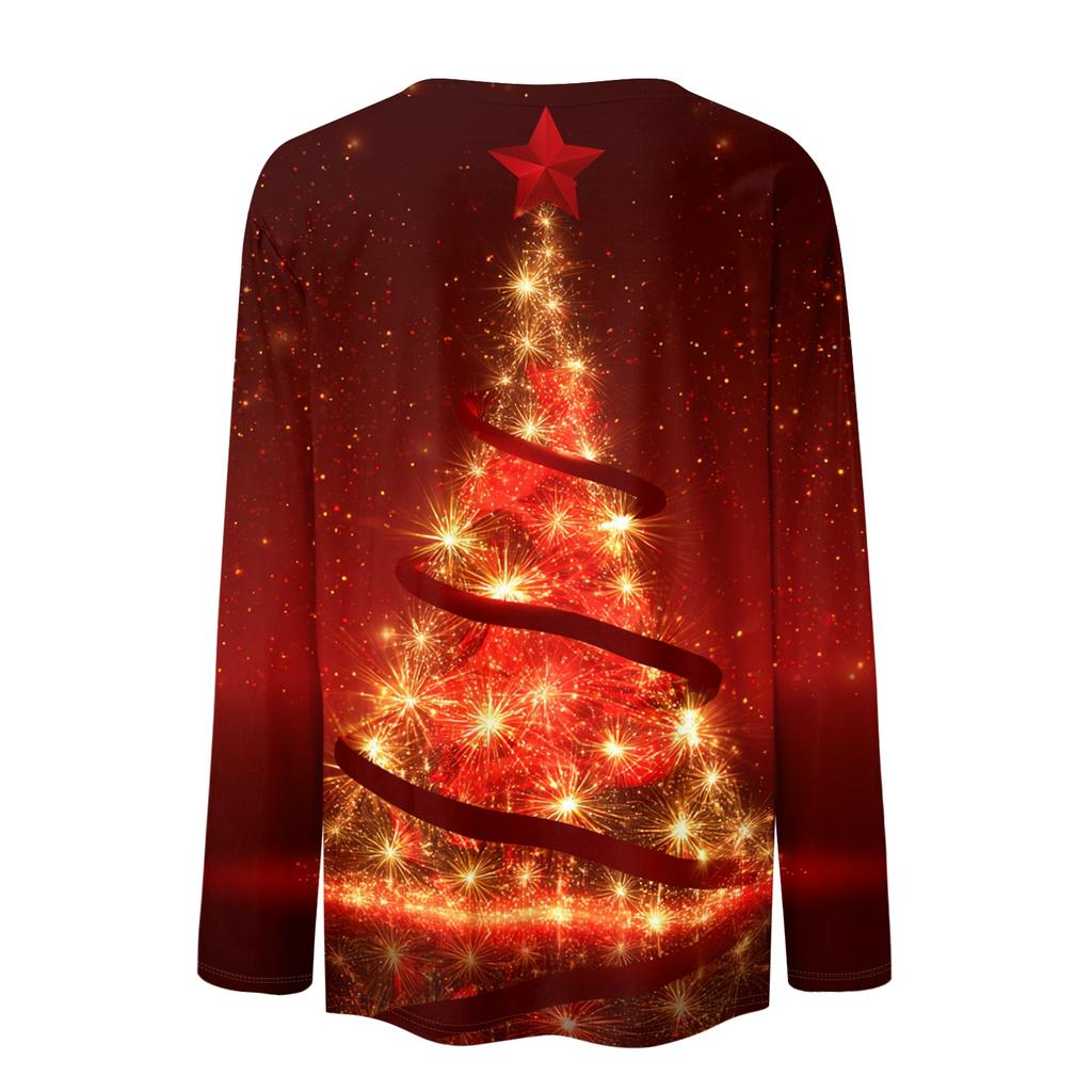 Women's Fashion Christmas Print Crewneck Long Sleeve Pullover Top for Holiday Party