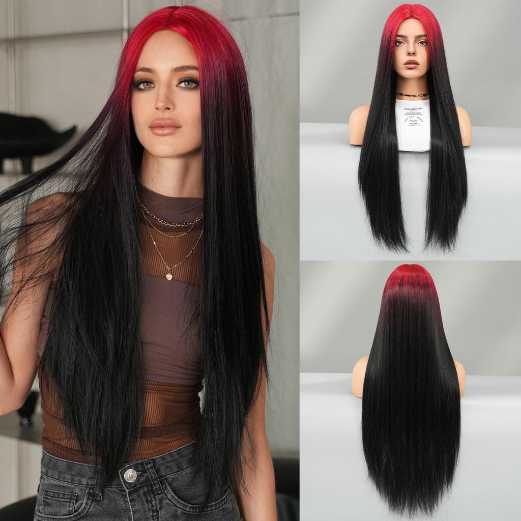 Women’s Extra Long Straight Blonde Wig Middle Part Nordic Ombre Color European and American Style Synthetic Full Wig
