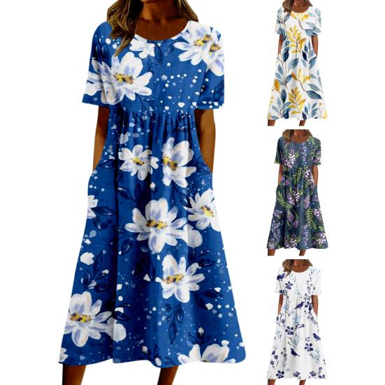Women Summer Dress Round Neck Loose Fit Flower Print Wide Hem Short