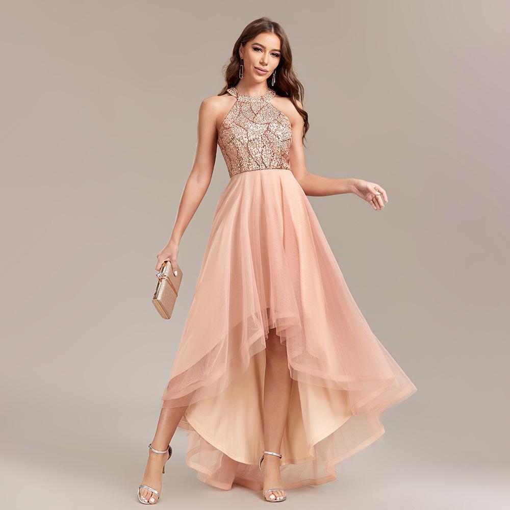 GMXIA Industry Halter Sequin Patchwork Multilayer Mesh Sleeveless Shaggy Skirt Ball Gown