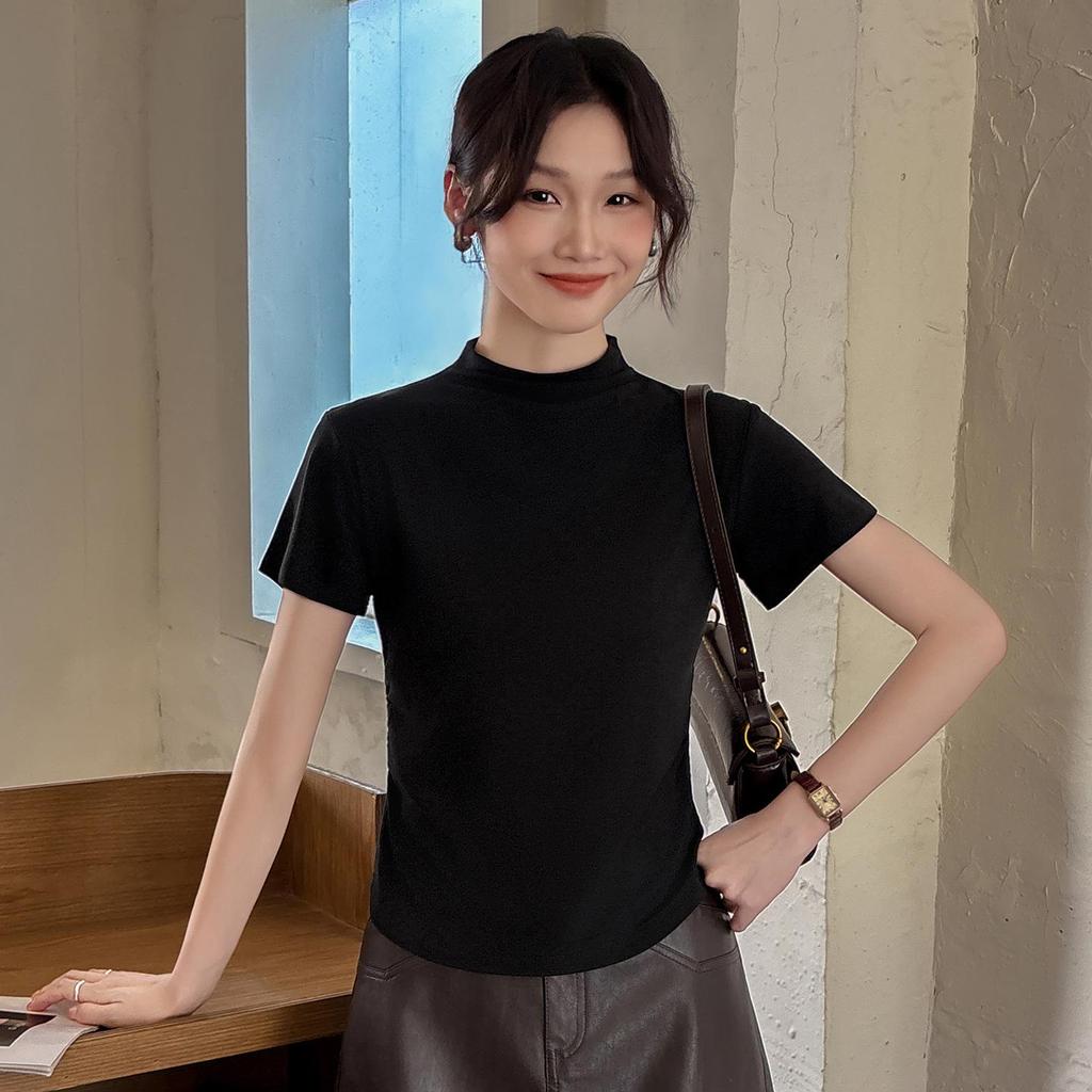 YB536# Women's Minimalist Half High Neck Slimming Solid Color Short Sleeve Shirt