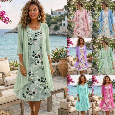 Women Floral Print Dress and Cardigan Set Short Sleeve V Neck Two Piece Outfit