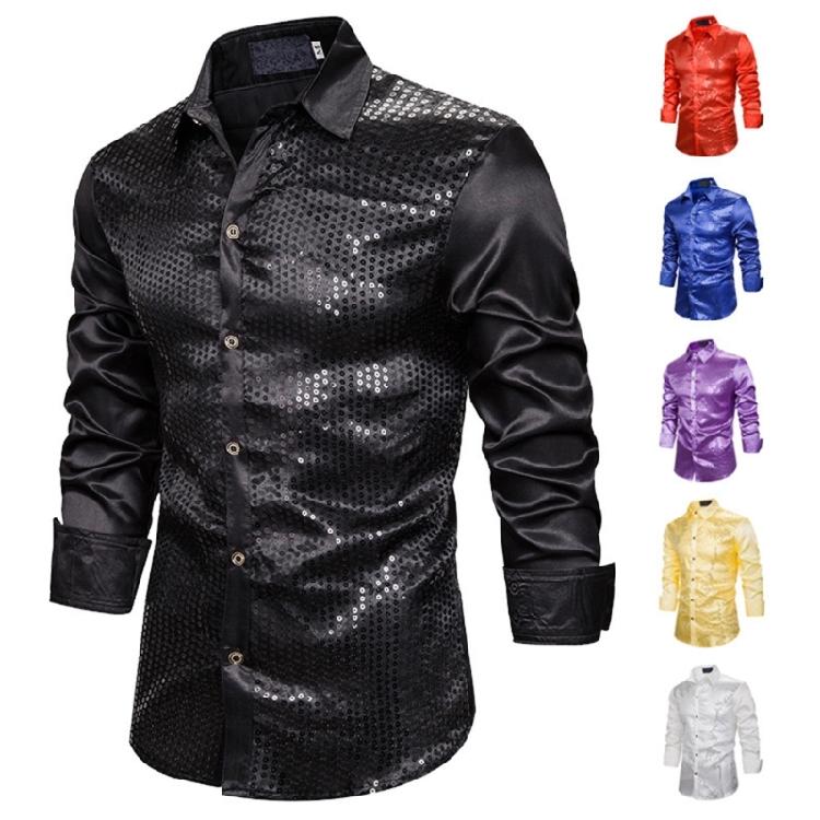 Men's Shines Sequins Long Sleeve Button Down Shirt for Halloween Cosplay 70s Disco Party Dress Shirt