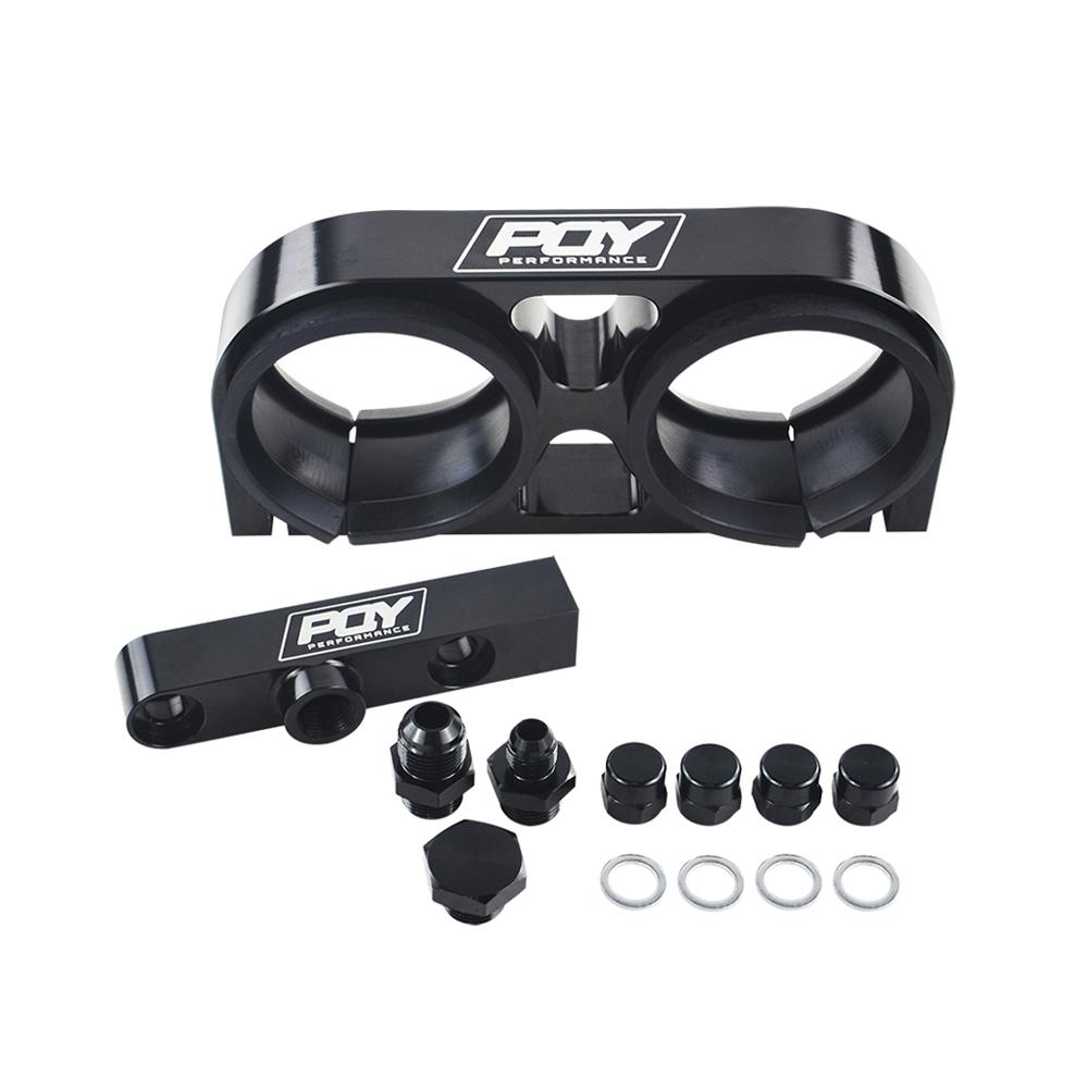 LIZHI- Twin Fuel Pump Bracket Billet Aluminium Assembly OUTLET Manifold In Black for 044 fuel pump With PQY Logo black with logo