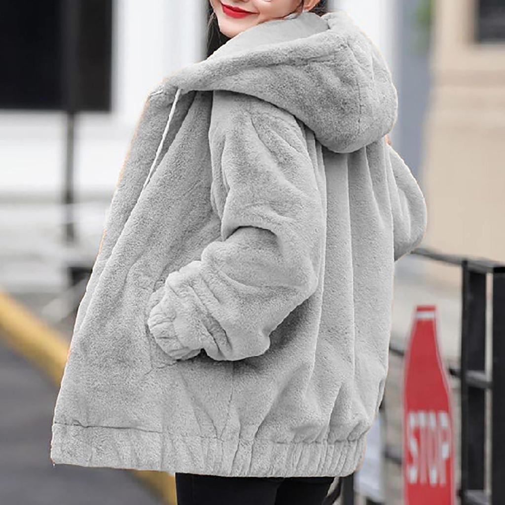 Plush Faux Rabbit Hooded Pocket Jacket For Women's Loose Plush Long Sleeved Women's Top