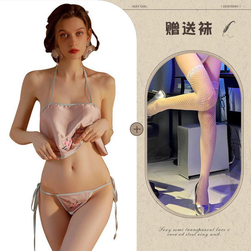Sexy Dessous Retro Bauchtasche Bestickte Schnürung Verführung Damen Uniform Set Flirt Lingerie