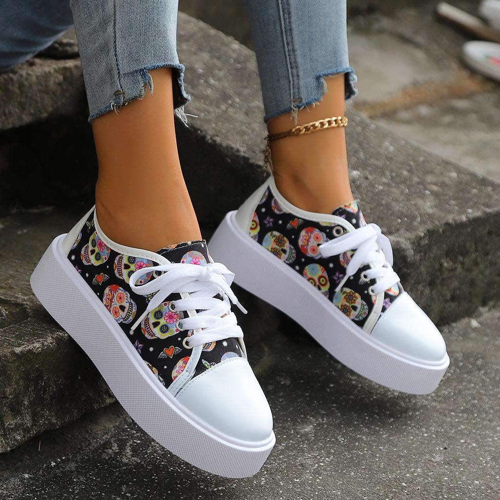 Women's Vulcanized Shoes Retro Halloween Printing Platform Sneakers Fashion Lace Up White Sport Casual Running Shoes Autumn