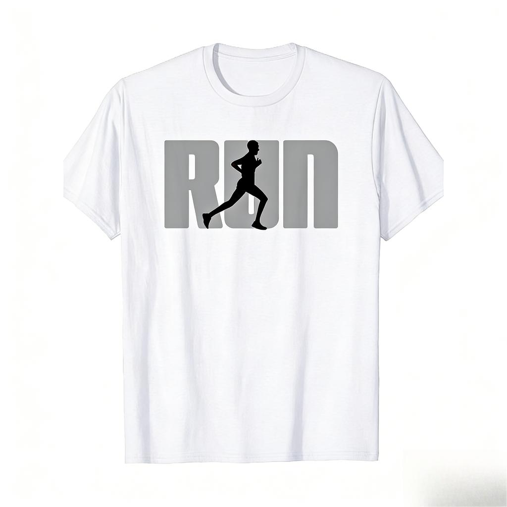 Mens Running Tshirt Cotton Short Sleeved Printed Casual Tshirt Round Neck Sports Shirt White Run Print and Runner Silhouette