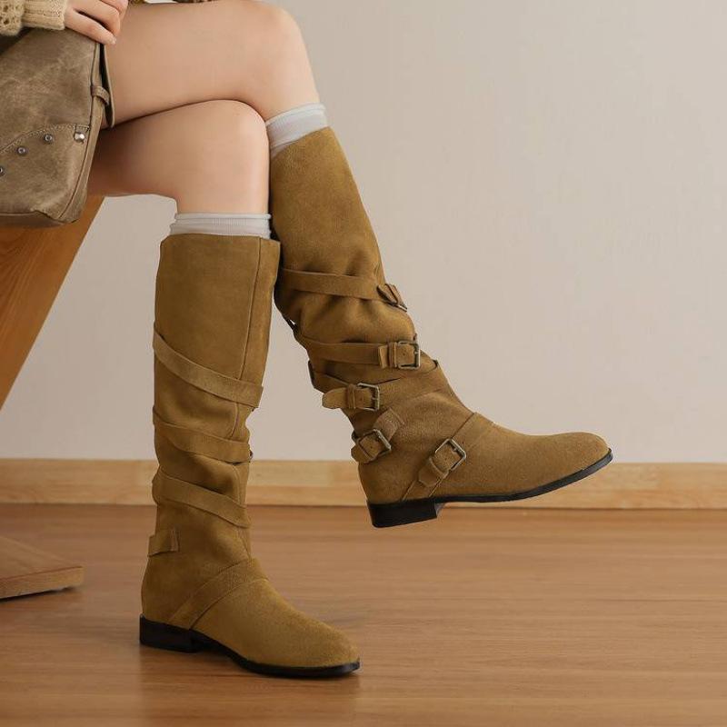 New Women's Martin Boots Stacked Leather Versatile Large Size Women's Boots Sleeve Round Head Cowhide Comfortable Soft-soled High Boots