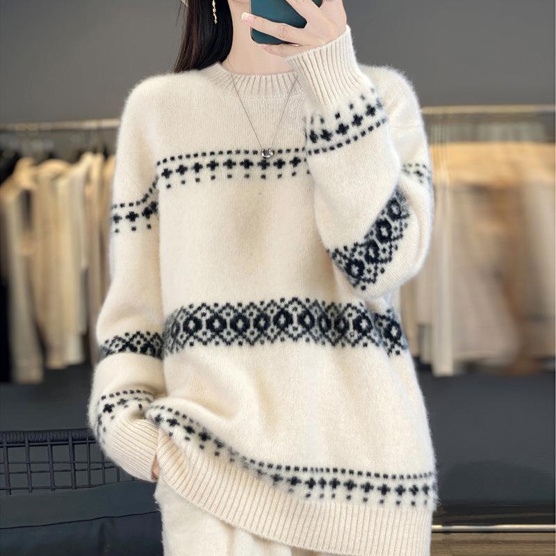 Mall-Stil Dicker Reiner Wollpullover für Damen - 100% Wolle Locker Gestrickt Vielseitiges Oberteil