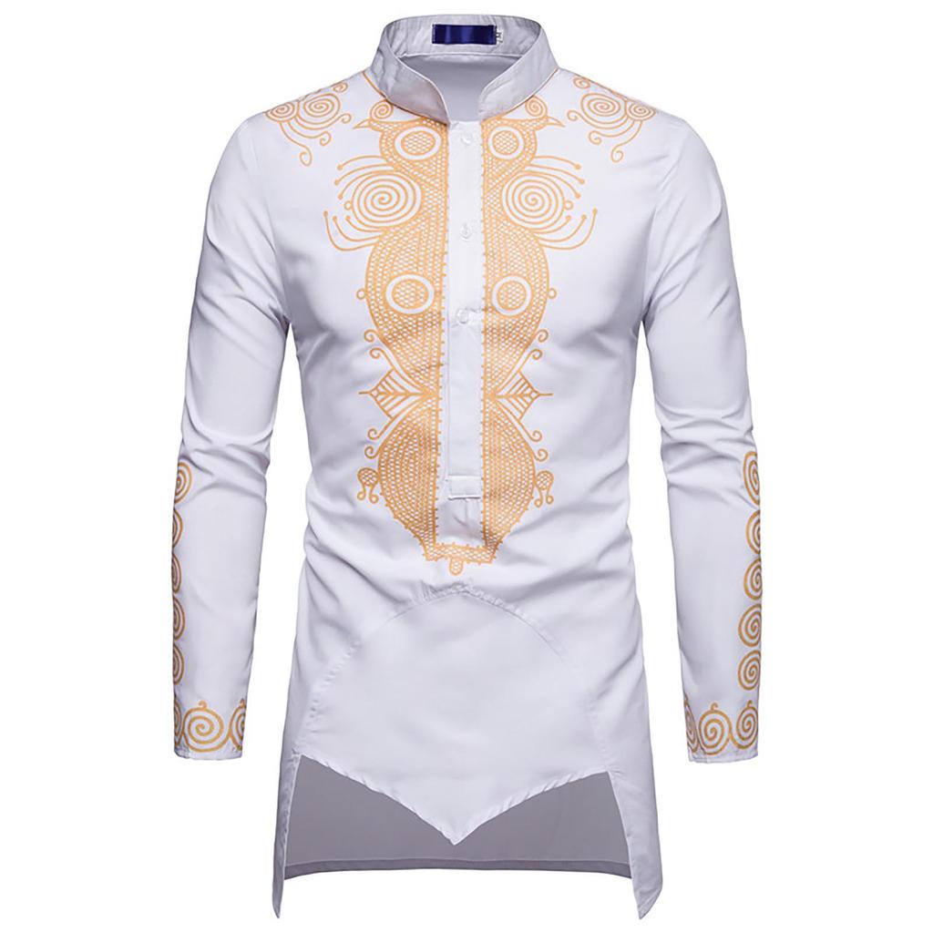 Men's Loose Casual  Shirt Ethnic Style Printing Robe Long Sleeved Shirt Top