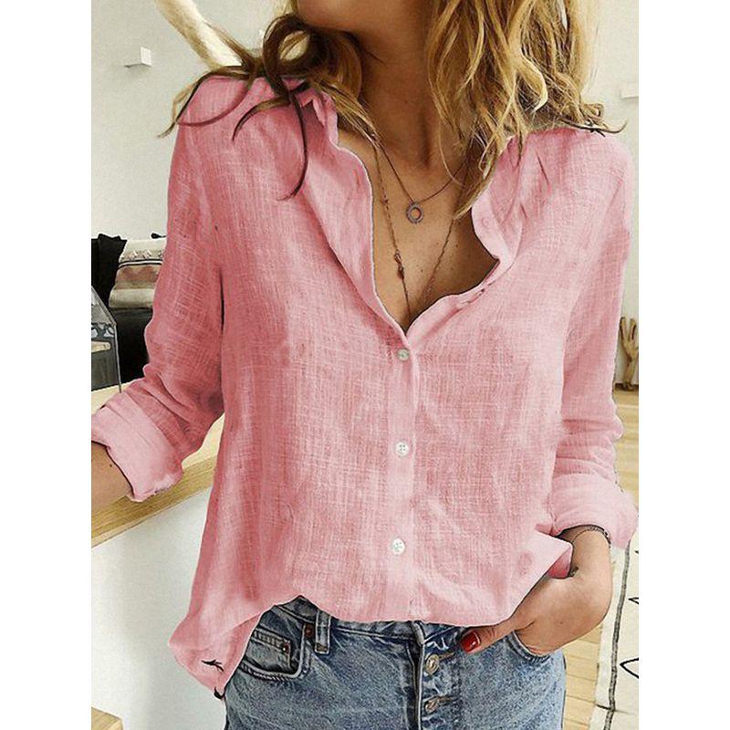 Solid-Color Lapel Short-Sleeve Loose Top Lapel Short Sleeve Loose Shirt for Women