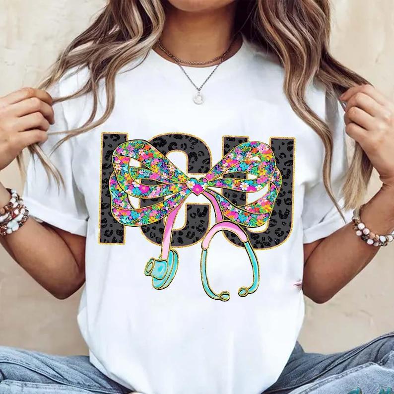 Floral Coquette Nurse Cna Bow TShirt Flower Stethoscope Icu Nurse TShirt School Nurse Tee Shirt Nursing Sublimation