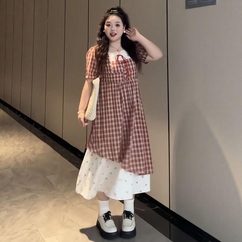Plus-Size Women s Fashion: Stylish Lace Patchwork Floral Plaid Dress for Summer 2026, Slimming and Versatile Dress Red Plaid Dress M