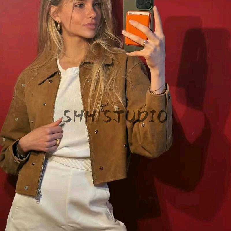 Spring New Women's Clothing Fashion Wind Casual All-Matching Turn-down Collar Long Sleeve Decorative Rivets Suede Jacket Outwear