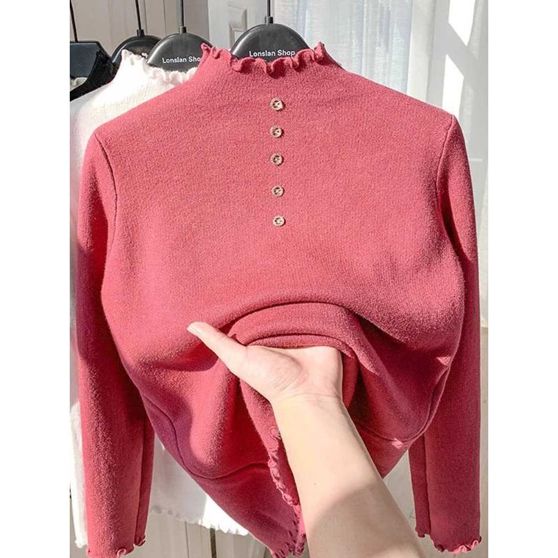 

Флисовый свитер женский толстый с фестончатым краем из цельного флиса вязаная базовая рубашка с полувысоким воротником осенне-зимний термотоп average size [recommended 80-60kg] розы красного