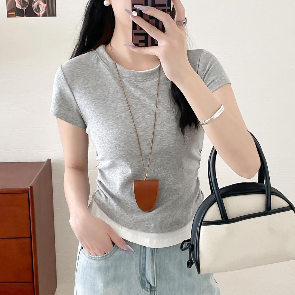 Contrasting Round Neck Straight Shoulder Fake Two-piece Short-sleeved T-shirt for Women In Spring and Summer Pleated Waist-hugging Short Top