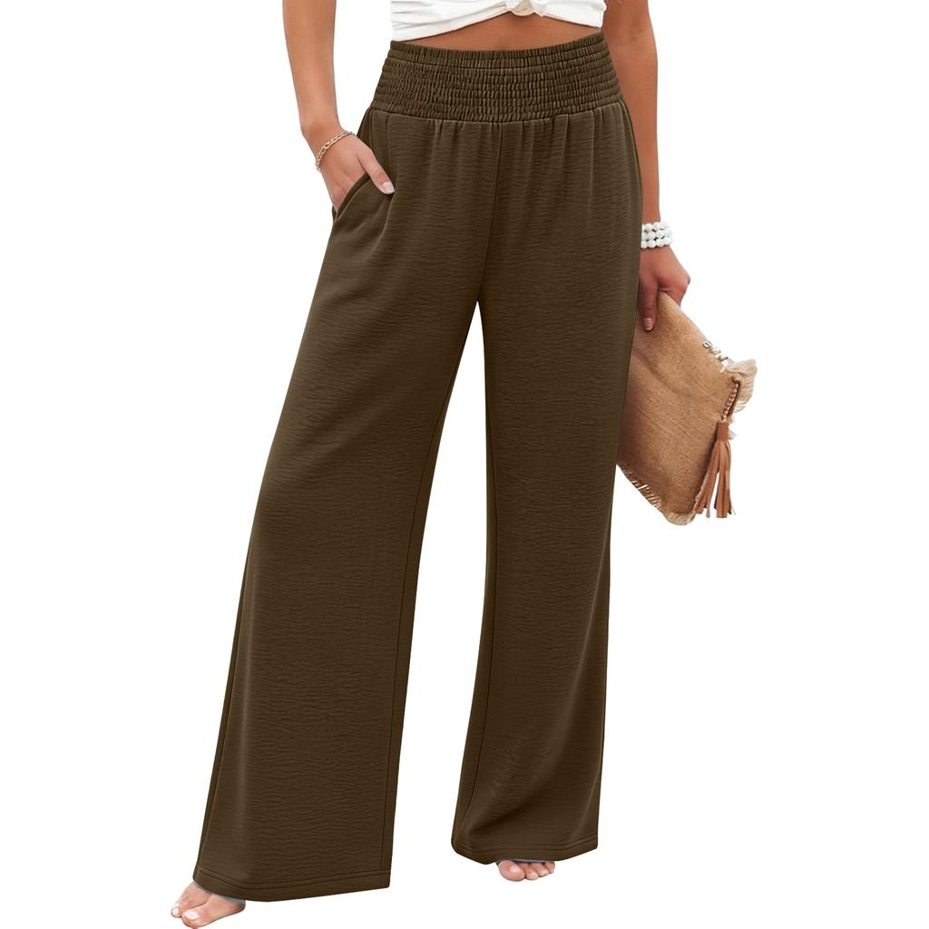 Women High Waist Wide Leg Pants Loose Fit Trousers with Pockets Elastic Waistband Solid Relaxed Fit Casual Trousers for Everyday Wear