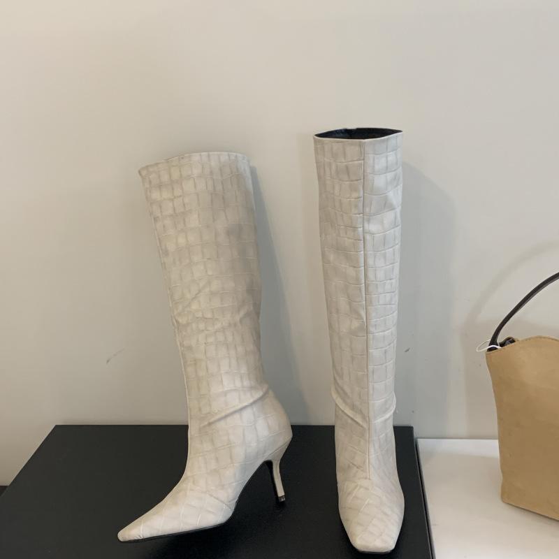 2025 new square head high-heeled white knight boots crocodile pattern high tube European and American knee-length boots