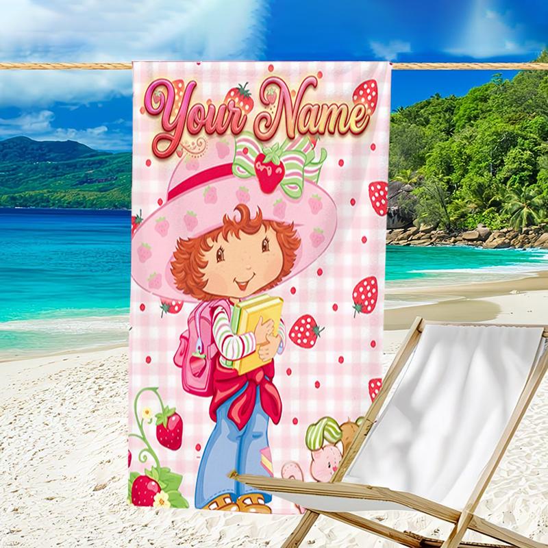 1pc Princess Strawberry Beach Towel with Custom Name, Beach and Seaside Swimming Pool Equipment, Fashion Pattern, Rectangular, Travel Essential