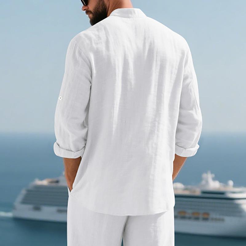 Men Stand Collar Linen Long Sleeve Shirt Single Pocket Roll Tab Cuff Casual Beach Top