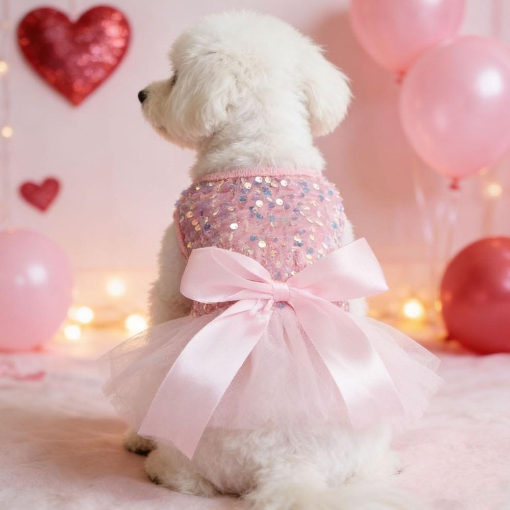 Lace Bow Bowknot Puppy Dresses Sequin Pet Wedding Dresses Dog Tulle Skirt  Small Medium Dogs