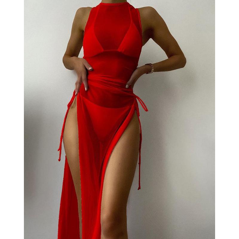 

Women s 3 Piece Bikini Set New Solid Color Sexy Sheer Mesh Sleeveless High Slit Tie Side Maxi Cover Up Summer Beach Spa Swimwear XL червоний