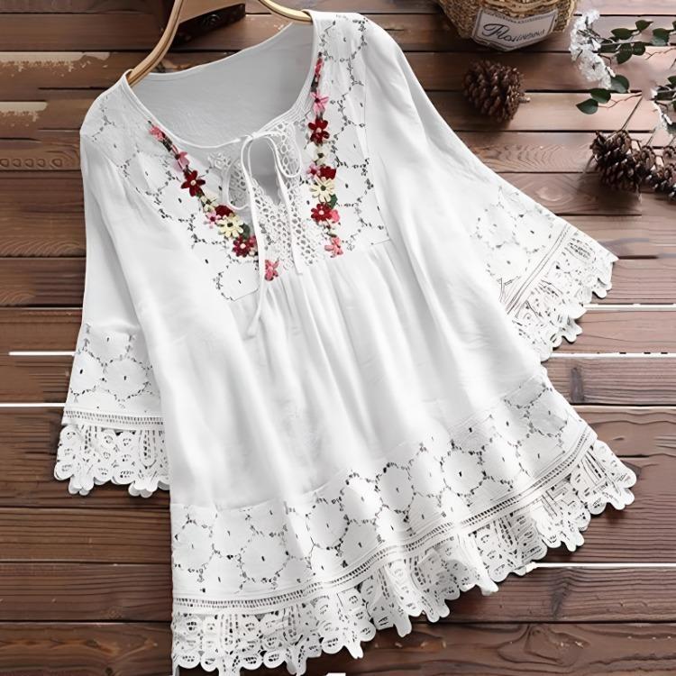 Women Plus Size Loose Shirt Half Sleeve Lace Flower Embroidery