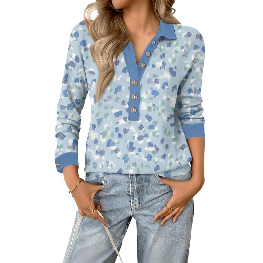 Women's relaxed V,neck long,sleeved button,down floral pullover top