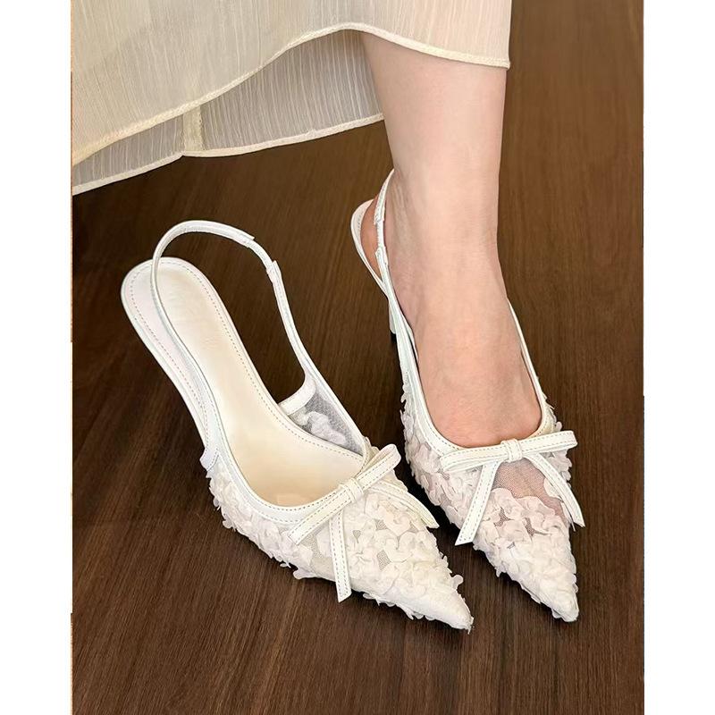 Flower mesh pointed stiletto heels women's 2025 spring new niche back empty sandals