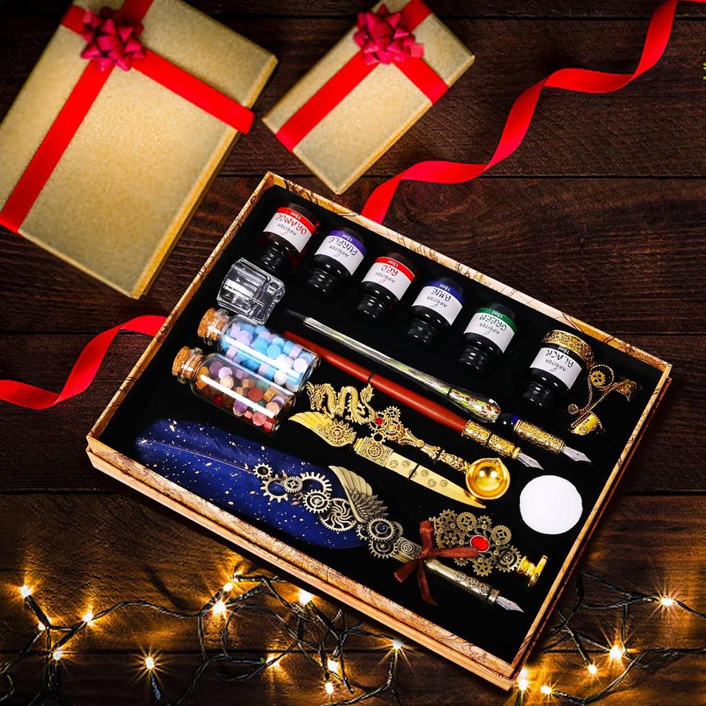 Quill Pen Ink Set-Feather Calligraphy Pen and Ink Set,Includes 6 Bottles of Ink,Quill Pen,Glass Dipping Pen,Wooden Dipping Pen,17 nibs,8 Sheets of