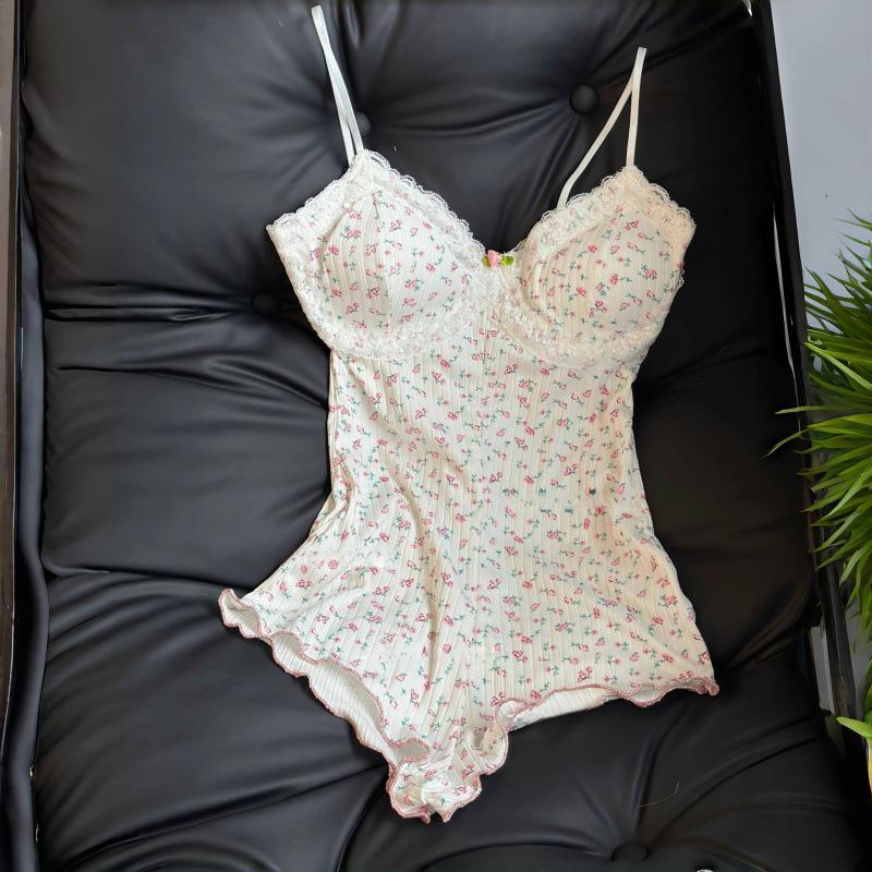 

2025 Сексуальный женский летний комбинезон с цветочным принтом, пижама с нагрудными подушечками и утягивающим слингом, ночная сорочка XXL for 120-130 lbs