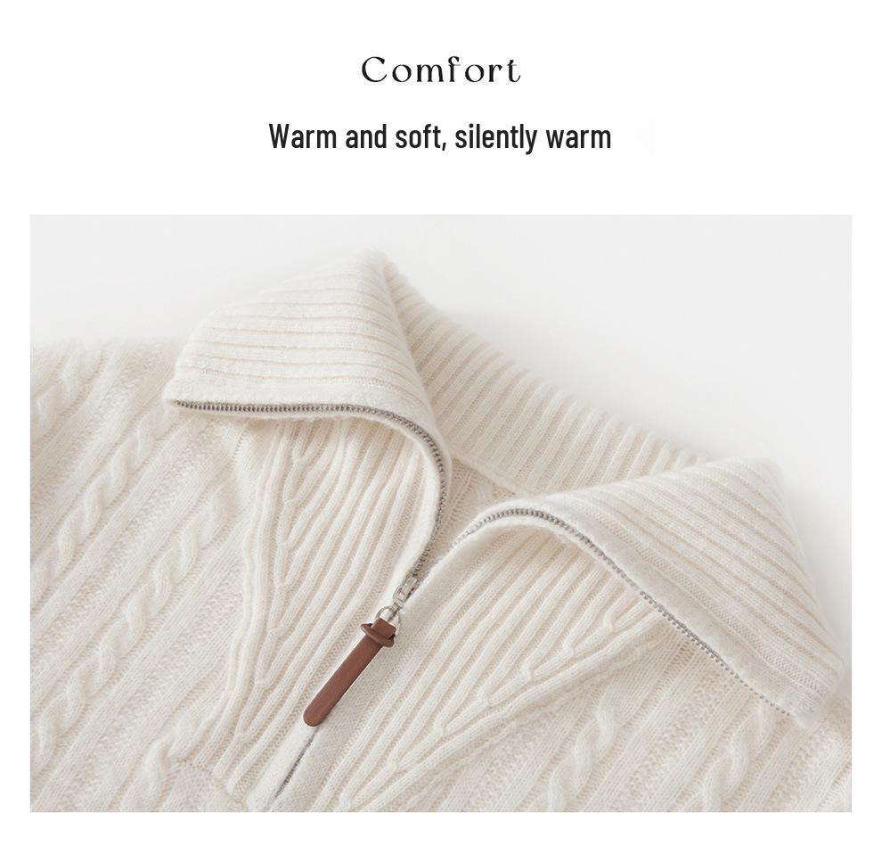 Women's Half-Zip Lapel Cable Knit Cashmere Sweater - Autumn/Winter 2026, Thick & Loose Fit.