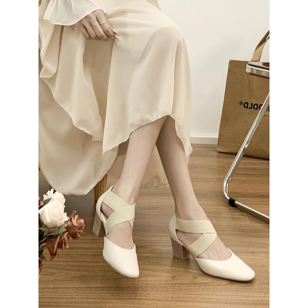 High heels women's retro Mary Jane shoes thick heel square head cross strap gentle matching skirt versatile single shoes beige