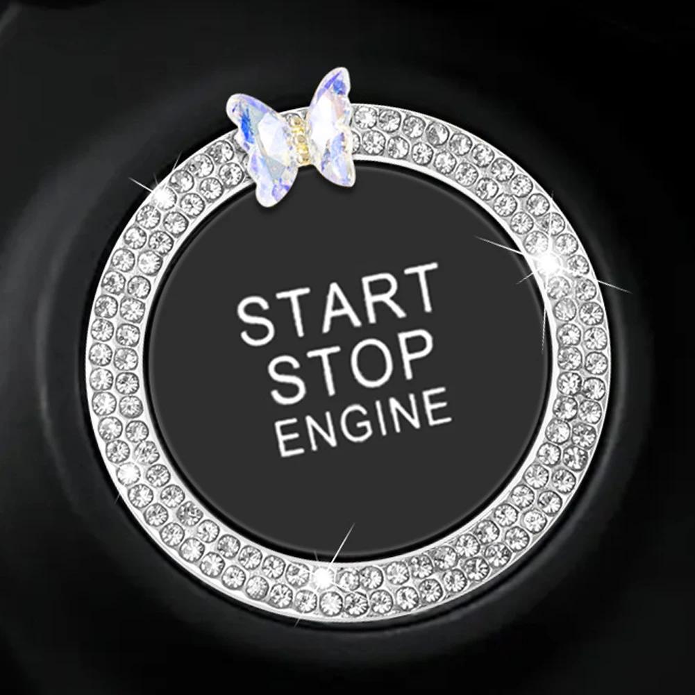 Rhinestone Crystal Butterfly Ring Car Ignition Button Decorative Cover Anti-Corrosion Easy To Install Car Accessories Interior