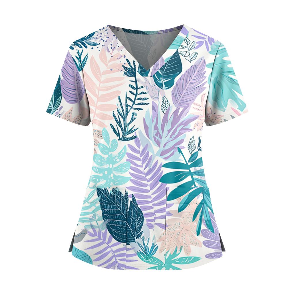 Women's Hawaiian Print V-Neck Double Pocket Short Sleeve Uniform/ Top