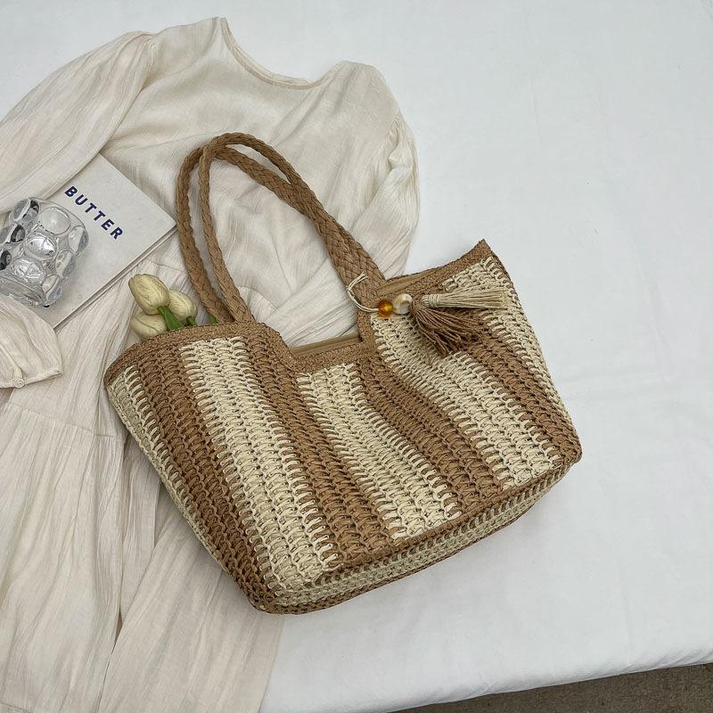 New Vertical Striped Straw Bag High Value Handbag Women's Shoulder Tote Bag Woven Bag Holiday Wind Beach Bag