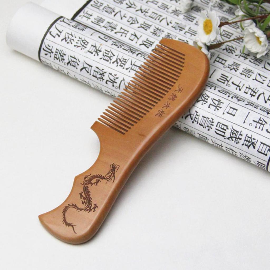 Dragon Phoenix Engraved Peach Wood Healthy Massage Anti-Static Hair Care Comb
