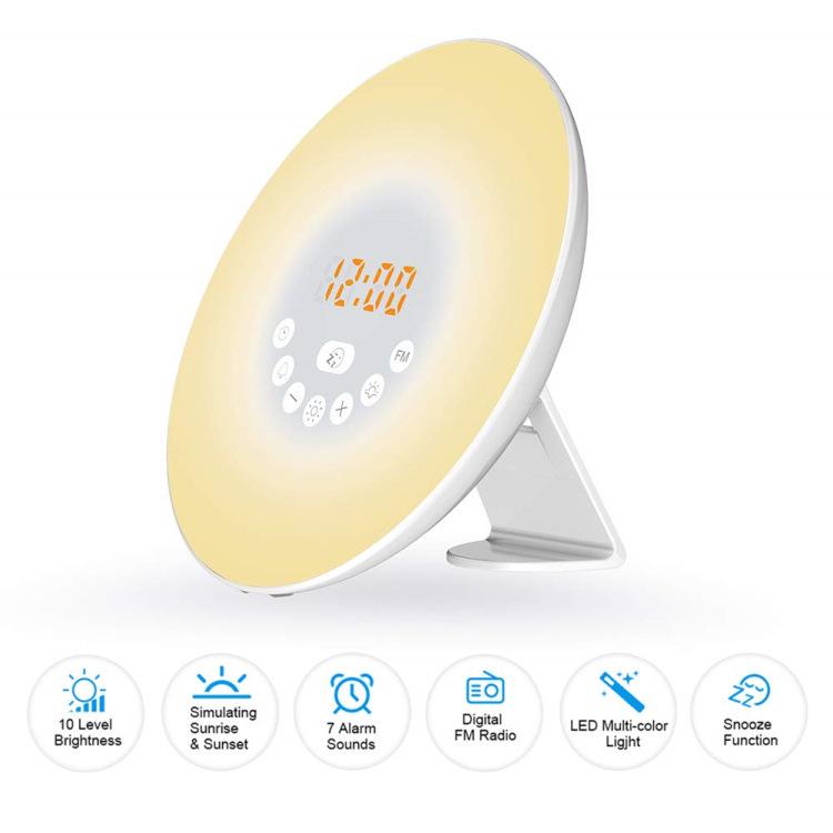 Creative Sunrise Alarm Clock with Music, Seven-Color LED, Sunset Hypnosis, FM Radio, and Night Light