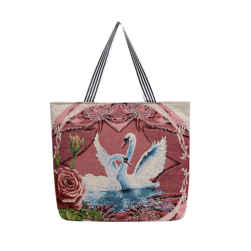Female Jacquard Cloth Bag Handheld Large Bag Owl Embroidery Large Capacity Folding Shopping Bag Mommy Bag