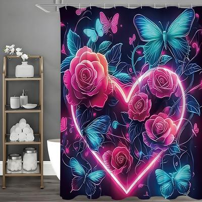 Valentinstag Liebe Rose Schmetterling Duschvorhang, Badezimmer Dekorativer Duschvorhang, Wasserdichter Duschvorhang mit Haken
